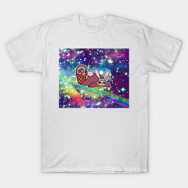 Sleepy Easter Bunny Sloth - Rainbow Space T-Shirt by saradaboru